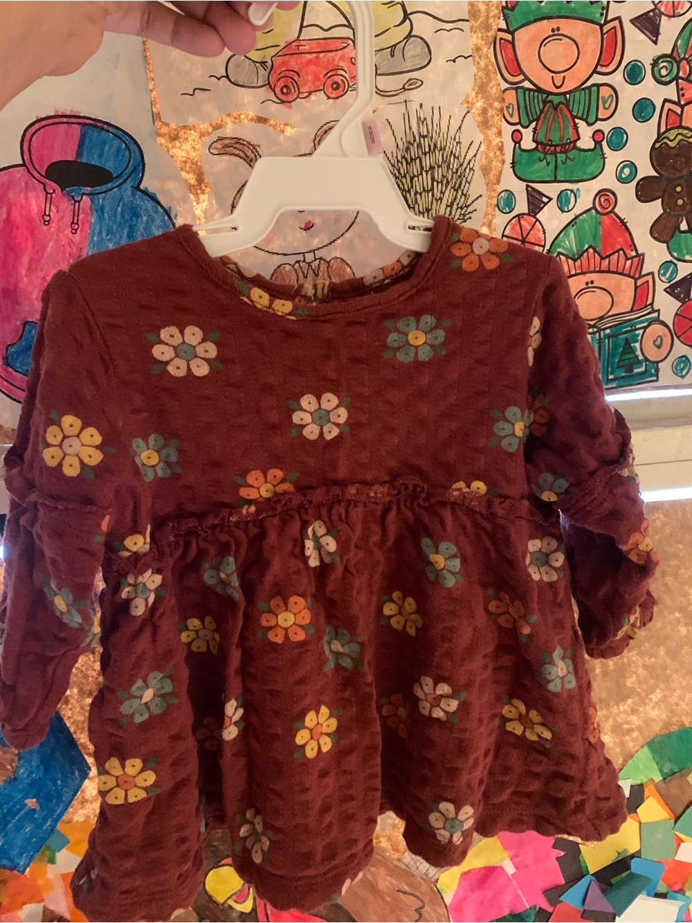 Kohl's Girls' Maroon Floral Textured Dress - Yellow, Blue, Cream Flowers